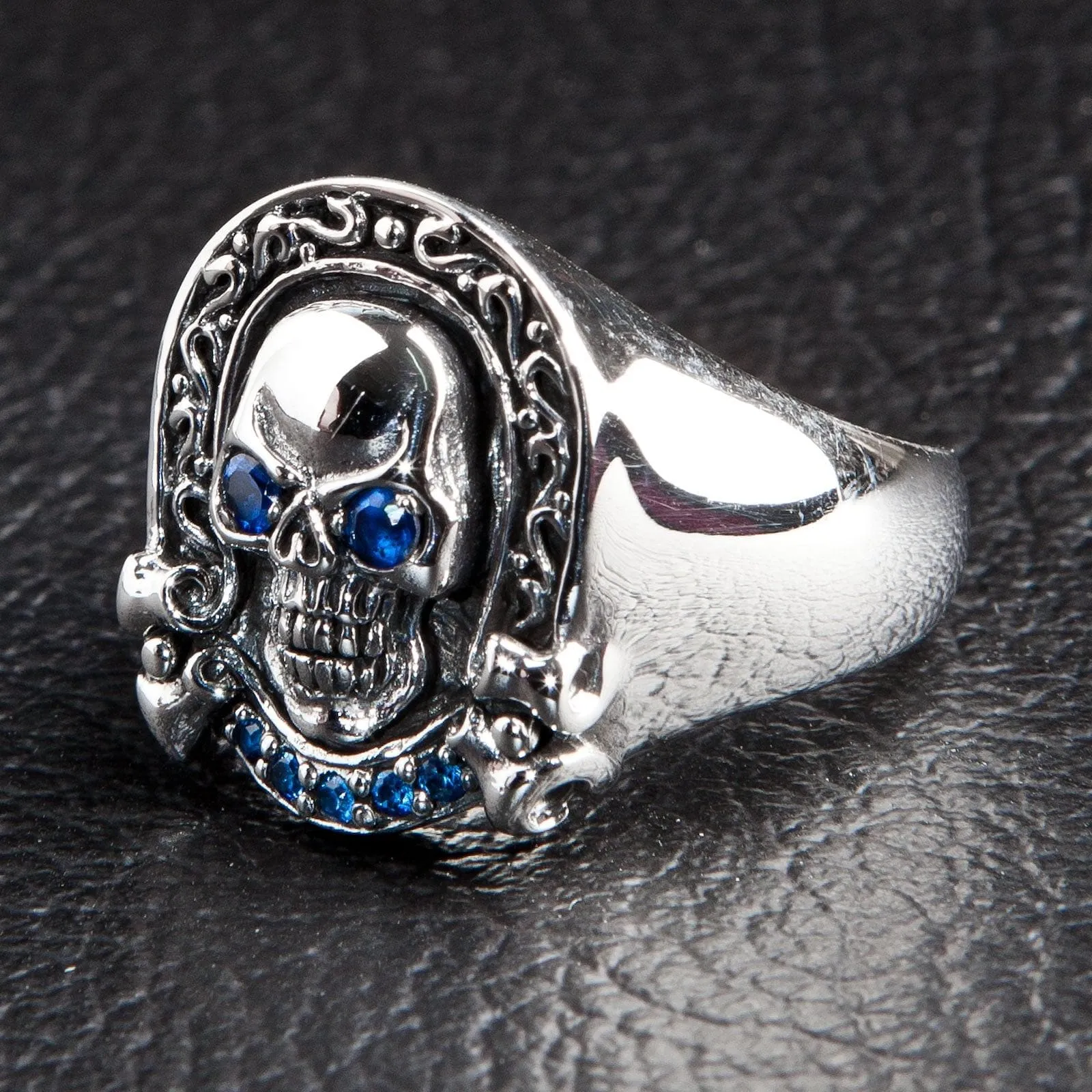Blue Eyes Designer Rider Sterling Silver Skull Ring
