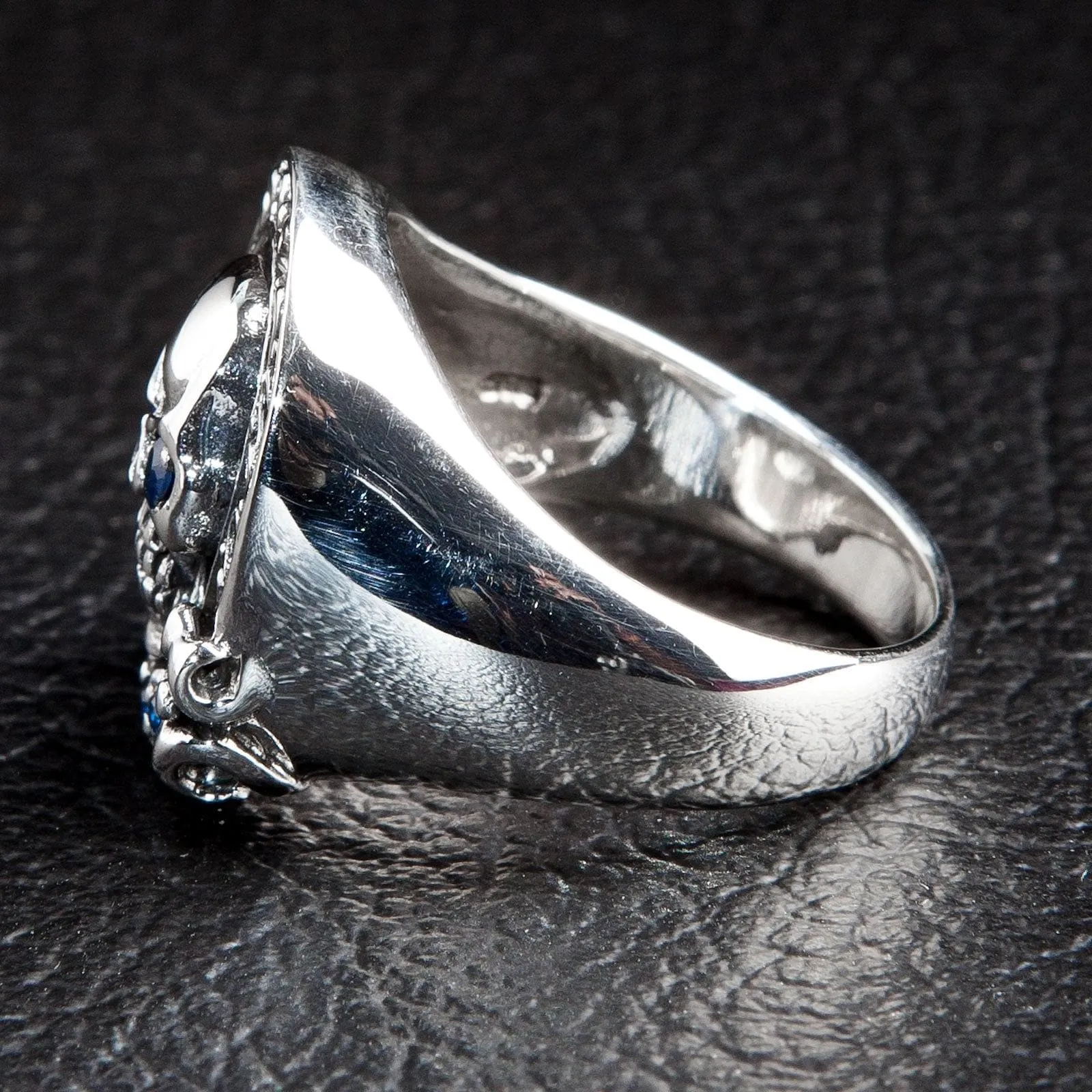 Blue Eyes Designer Rider Sterling Silver Skull Ring