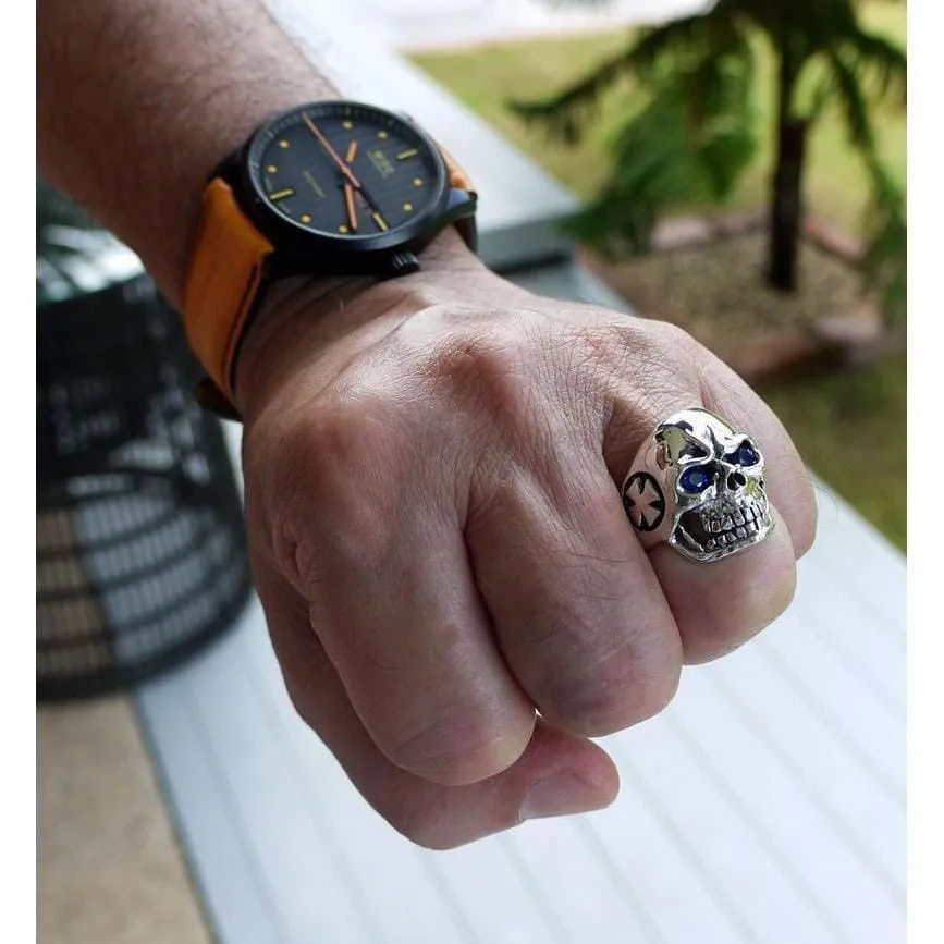 Blue Eyes Skull Sterling Silver Ring