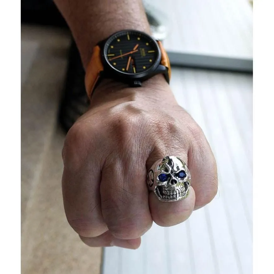 Blue Eyes Skull Sterling Silver Ring