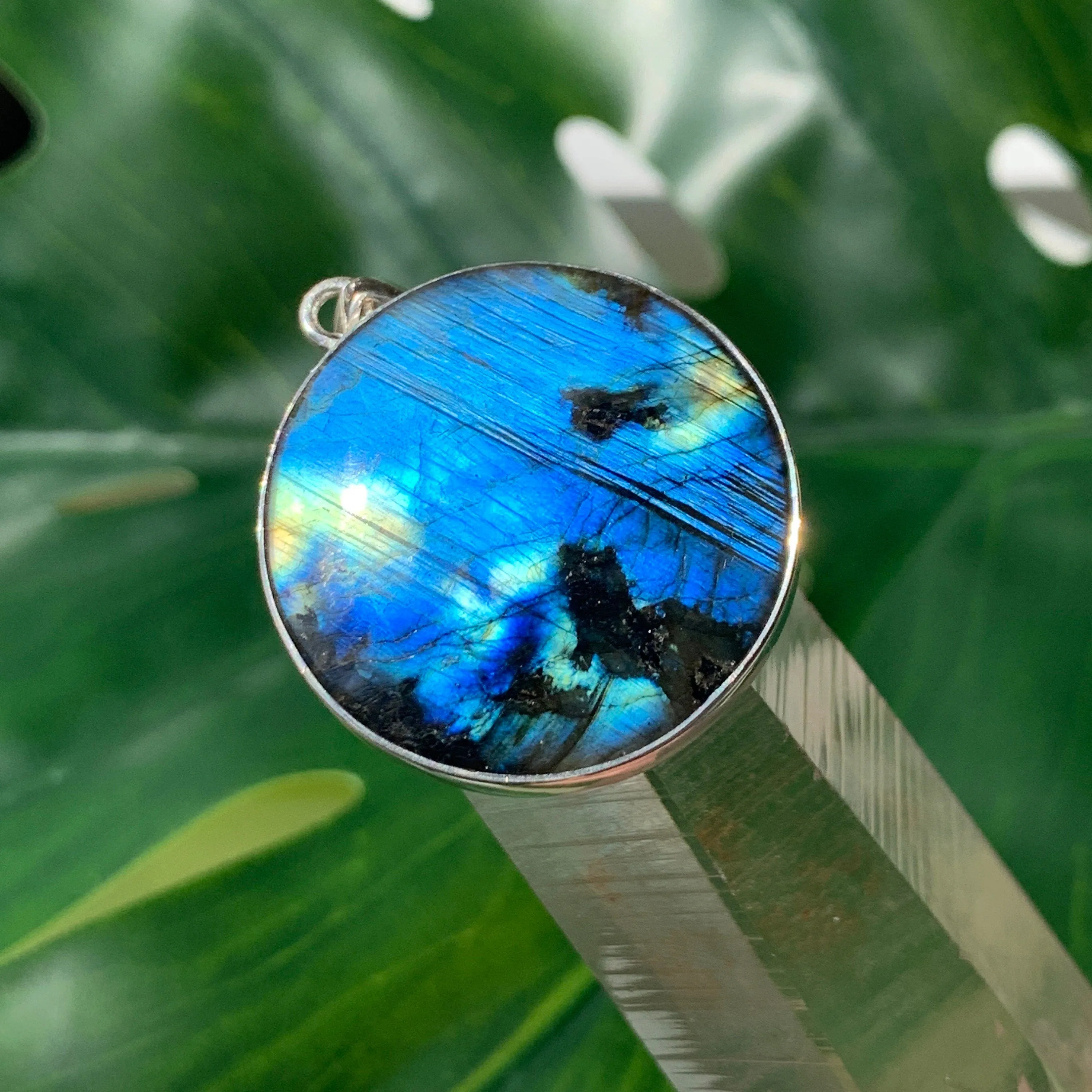 Blue Full Moon Labradorite Silver Pendant