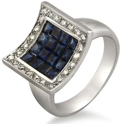 Blue Sapphire & Diamond Concave Design Ring, 18k White Gold