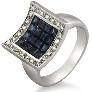 Blue Sapphire & Diamond Concave Design Ring, 18k White Gold