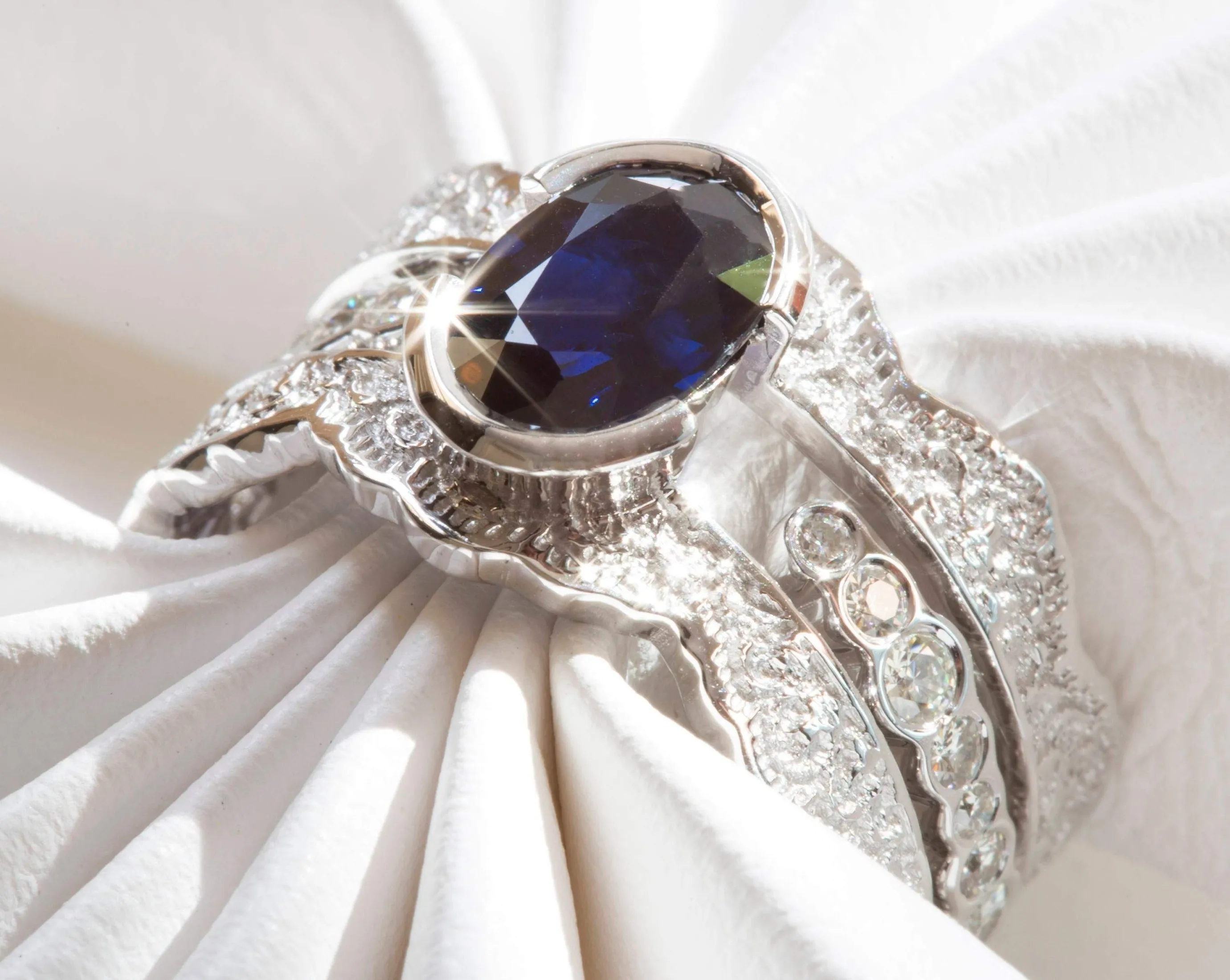 Blue Sapphire and Diamond Lace Engagement Ring Set