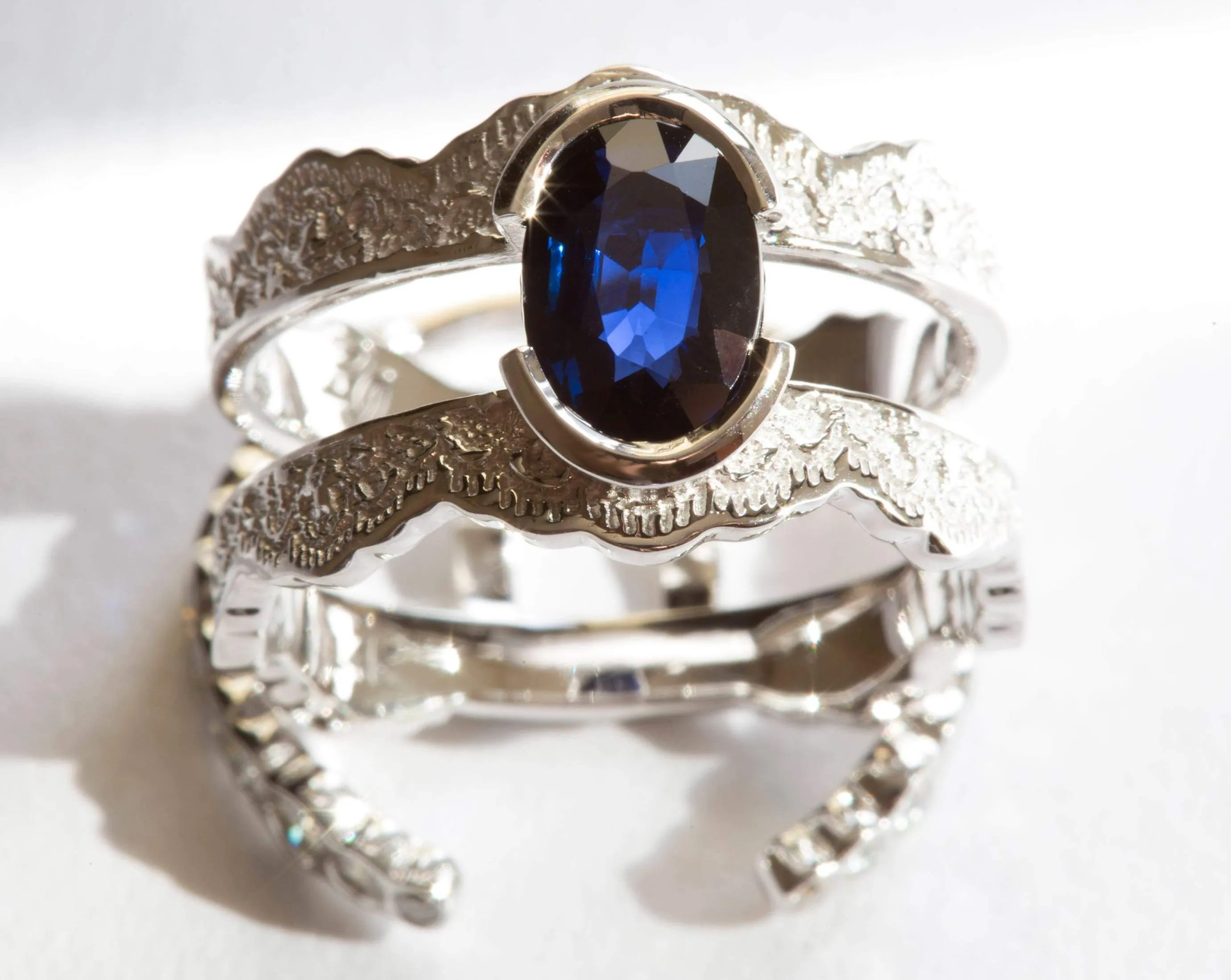 Blue Sapphire and Diamond Lace Engagement Ring Set