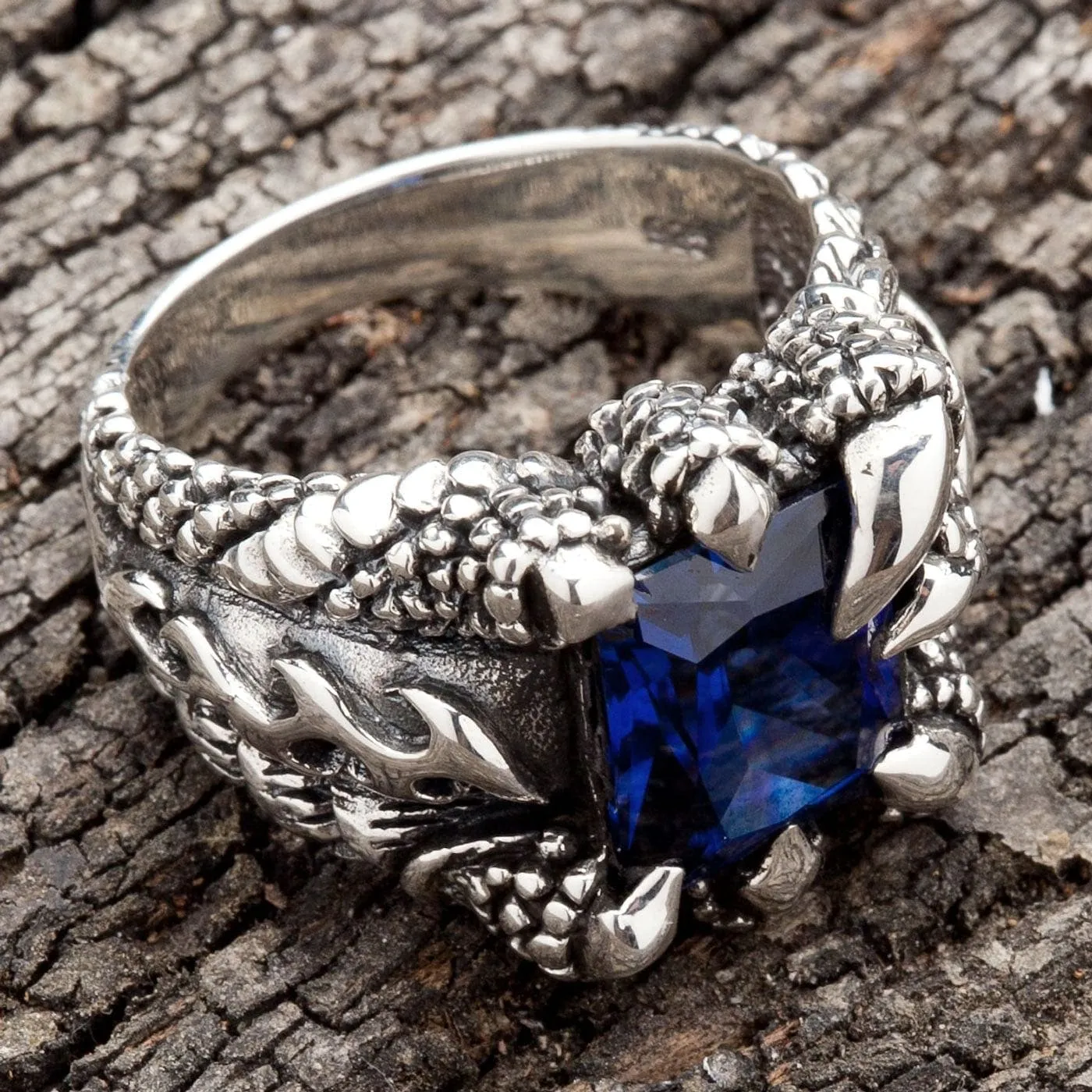 Blue Sapphire Claw Sterling Silver Mens Gothic Ring