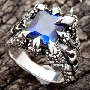 Blue Sapphire Claw Sterling Silver Mens Gothic Ring