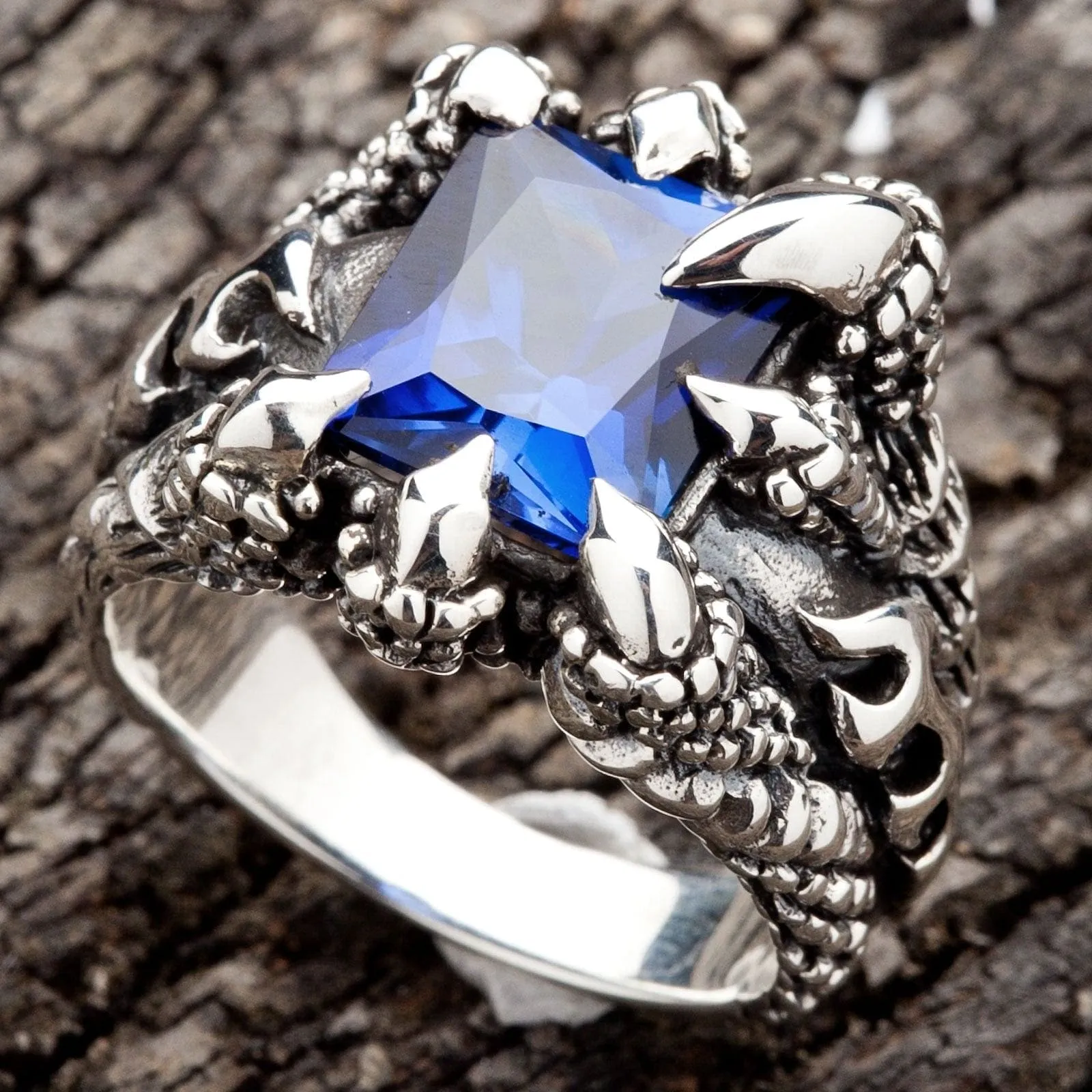Blue Sapphire Claw Sterling Silver Mens Gothic Ring