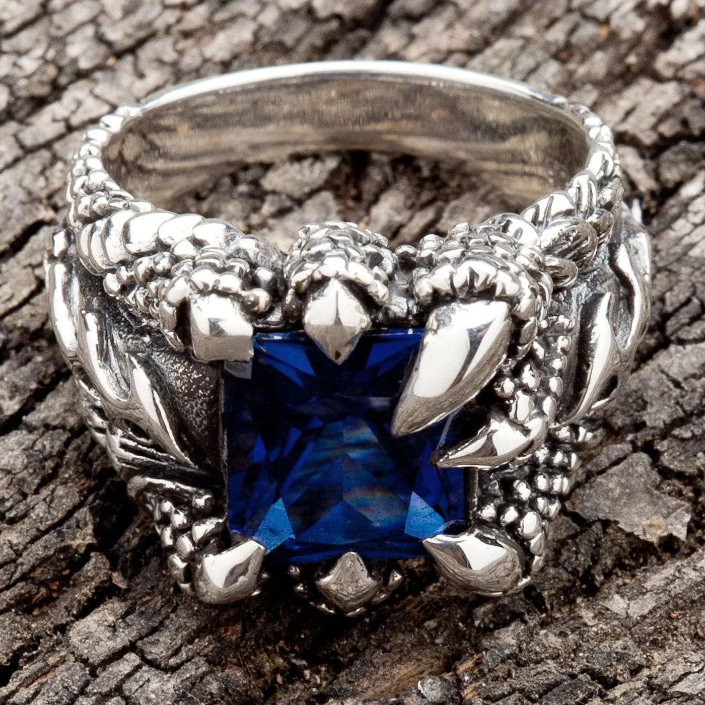 Blue Sapphire Claw Sterling Silver Mens Gothic Ring