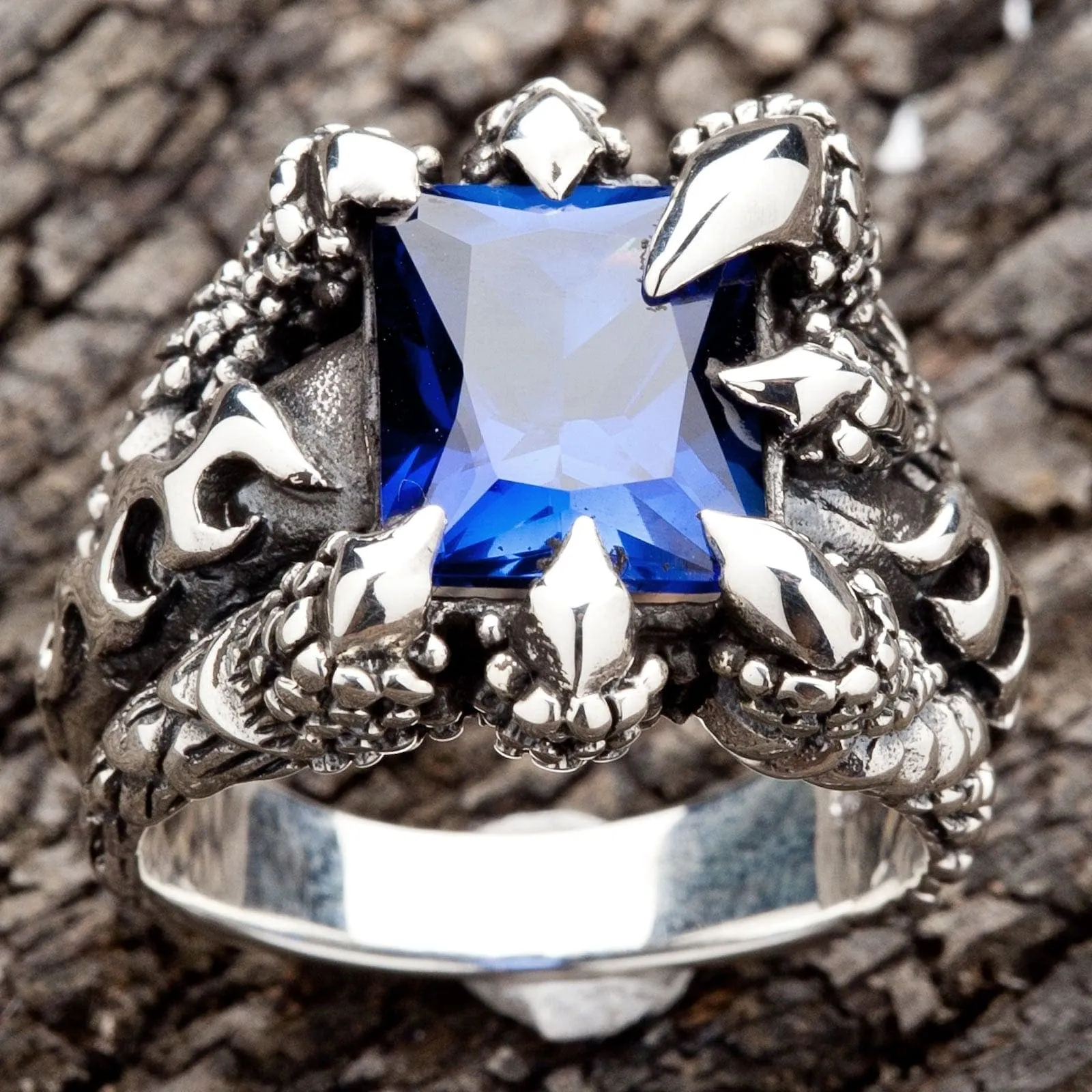 Blue Sapphire Claw Sterling Silver Mens Gothic Ring