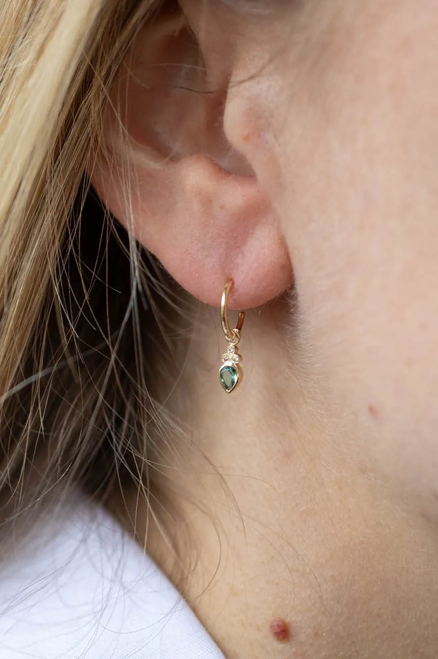 Blue Tourmaline Pear & Diamonds Hoop Earrings
