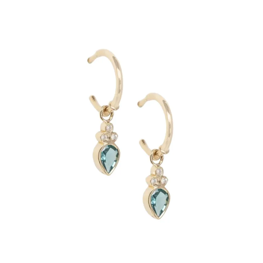 Blue Tourmaline Pear & Diamonds Hoop Earrings