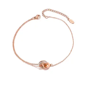 Bohemia Beach Stainless Steel Charm Anklet Double Circle Cubic Zirconia Roman Numeral Chain