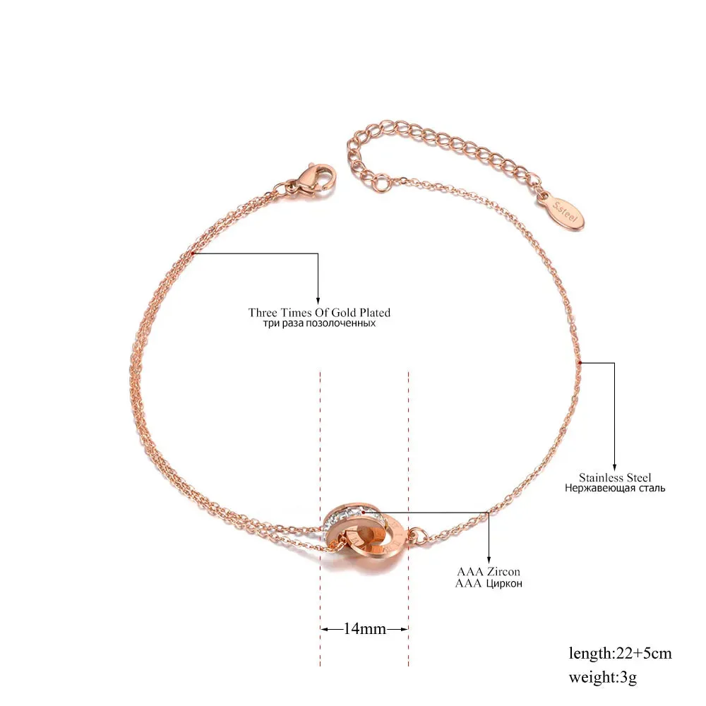Bohemia Beach Stainless Steel Charm Anklet Double Circle Cubic Zirconia Roman Numeral Chain