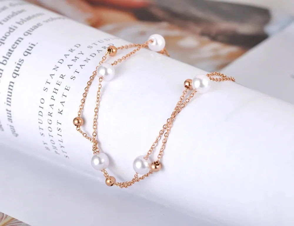 Bohemia Double Layer White Pearl Charm Anklets For Women