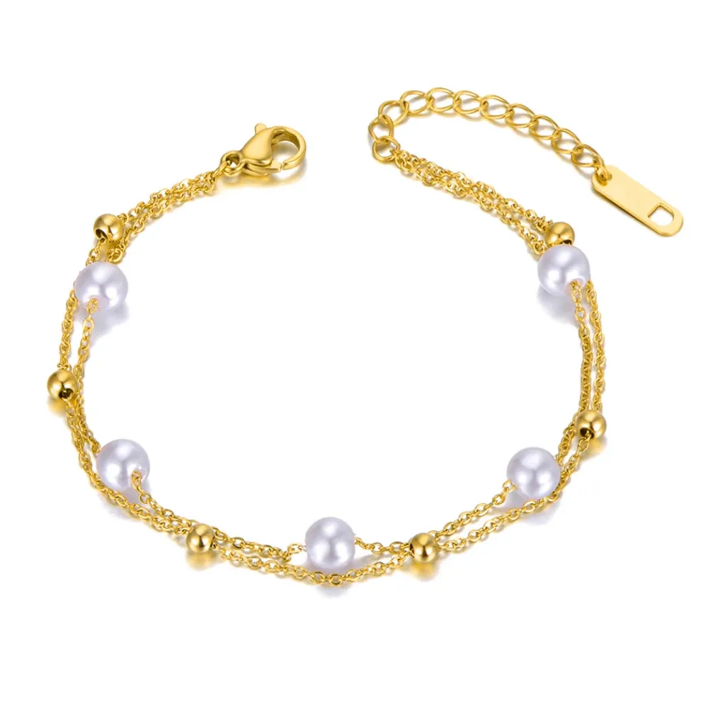 Bohemia Double Layer White Pearl Charm Anklets For Women