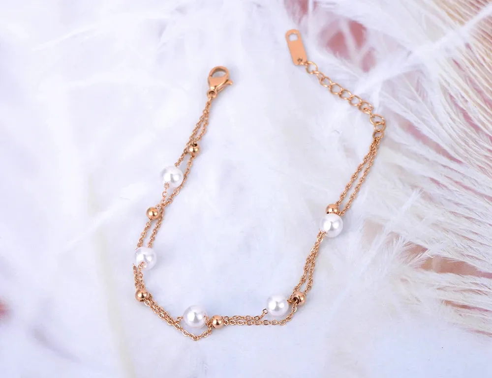 Bohemia Double Layer White Pearl Charm Anklets For Women