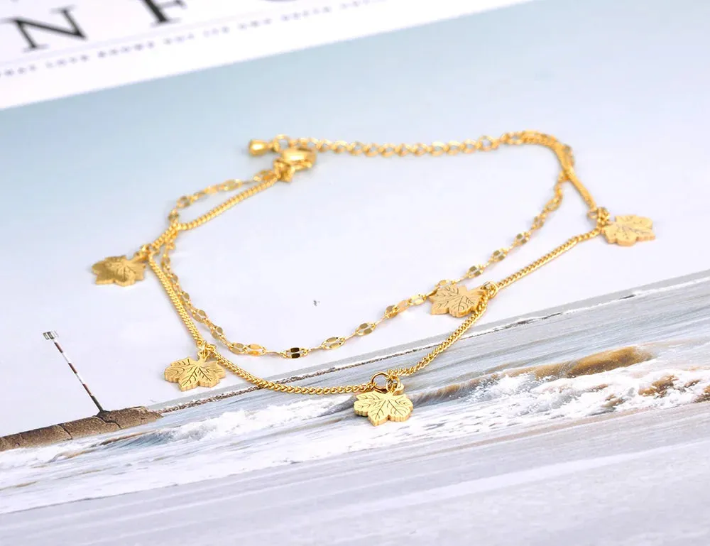 Bohemia Style Double Layer Maple Leaf Anklets For Women Girls