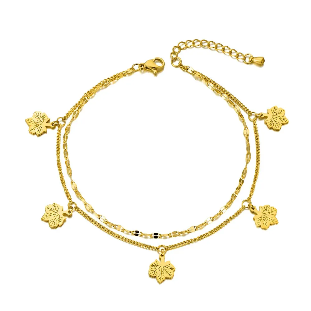 Bohemia Style Double Layer Maple Leaf Anklets For Women Girls