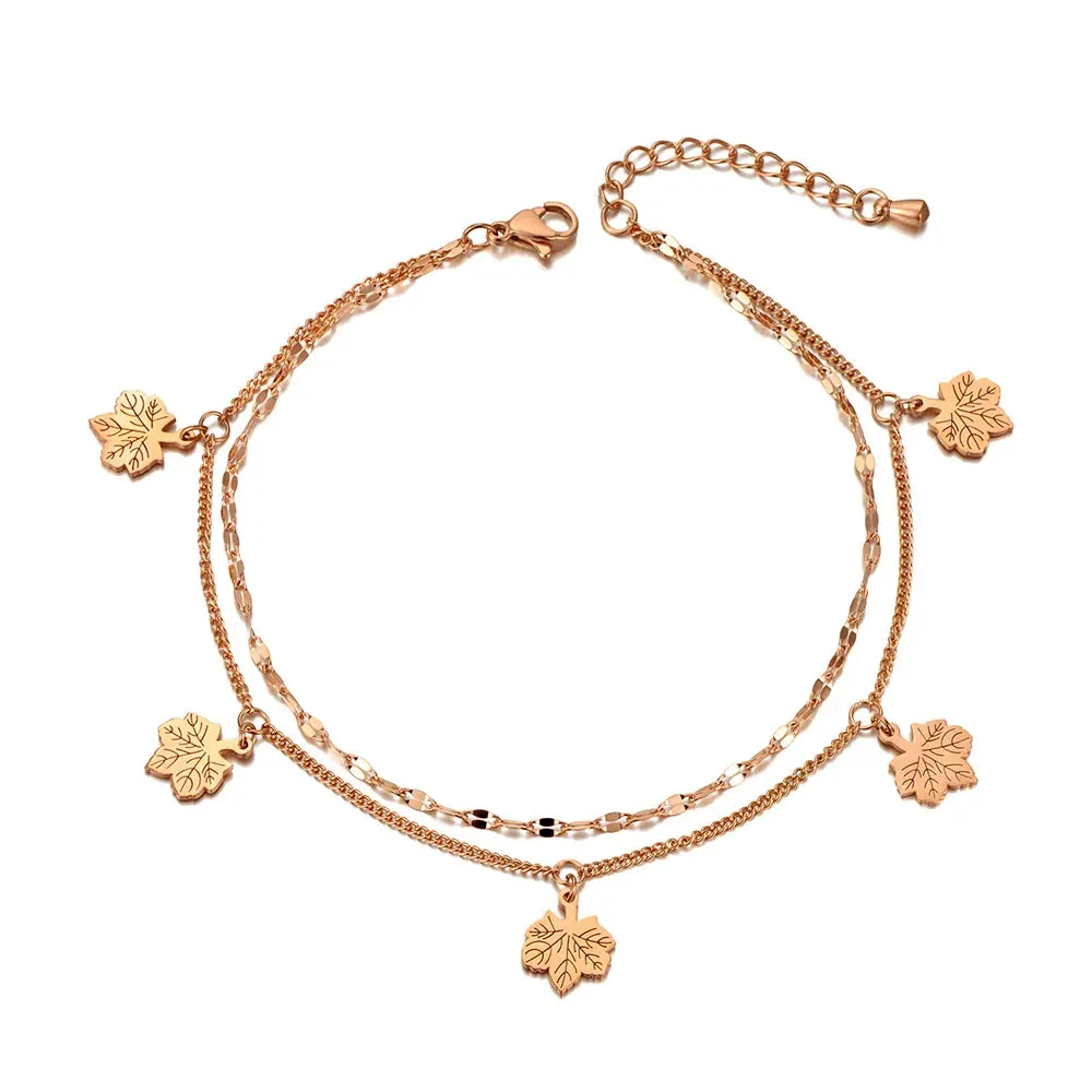 Bohemia Style Double Layer Maple Leaf Anklets For Women Girls