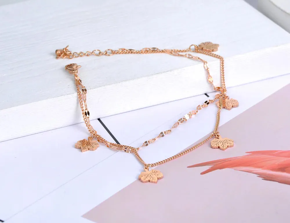 Bohemia Style Double Layer Maple Leaf Anklets For Women Girls