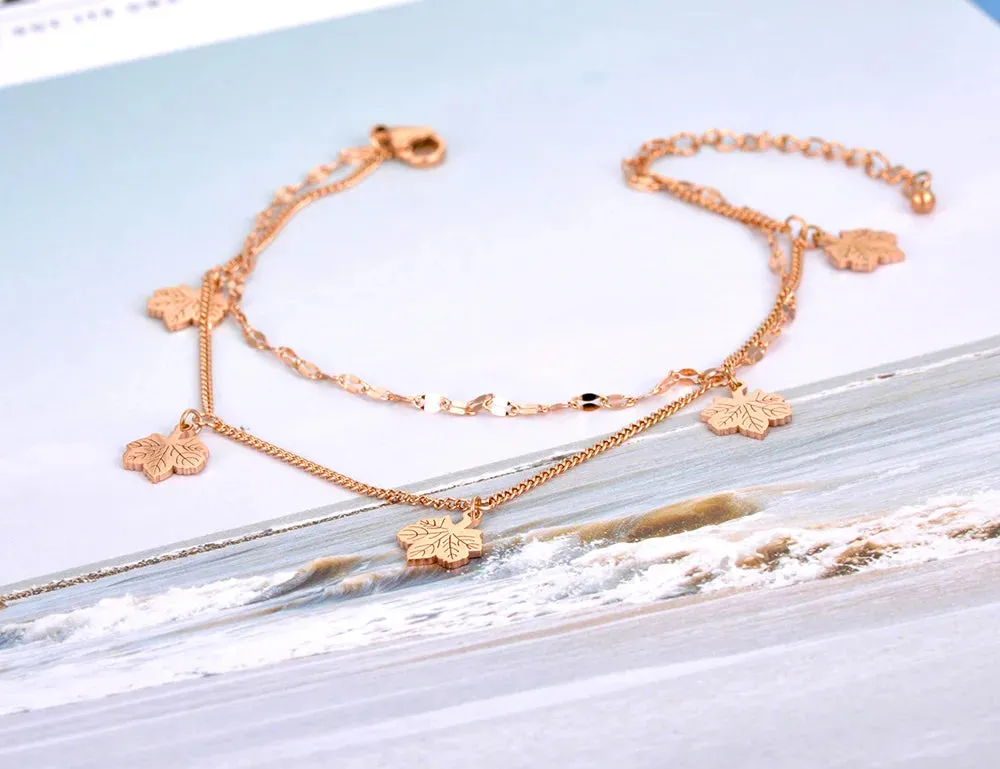 Bohemia Style Double Layer Maple Leaf Anklets For Women Girls