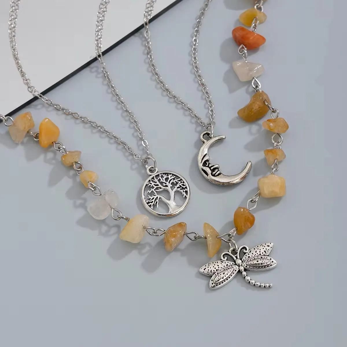 Bohemian 3pcs/Set Tree of Life Moon Dragonfly Gemstone Pendant Necklace