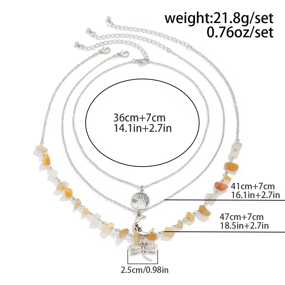 Bohemian 3pcs/Set Tree of Life Moon Dragonfly Gemstone Pendant Necklace