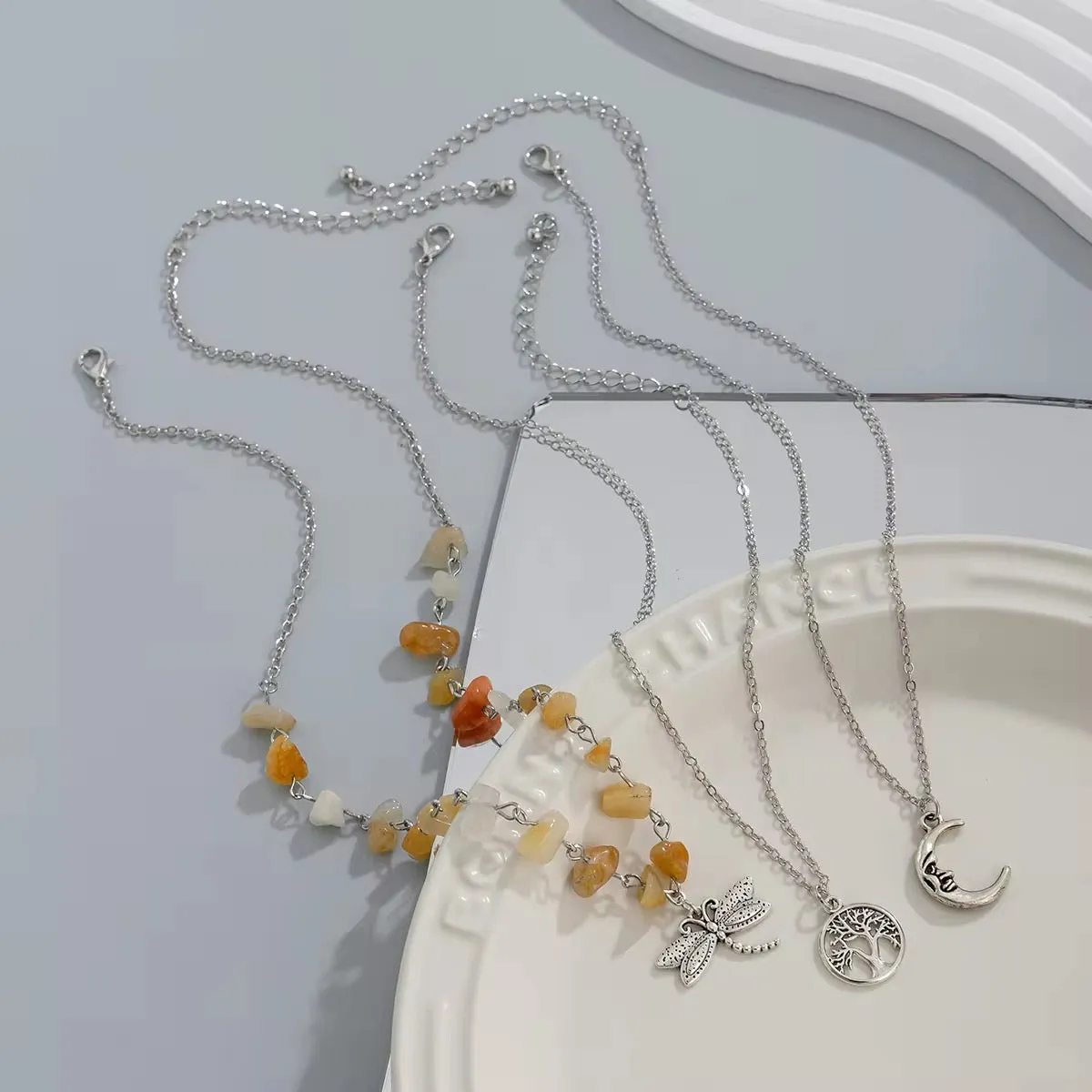 Bohemian 3pcs/Set Tree of Life Moon Dragonfly Gemstone Pendant Necklace