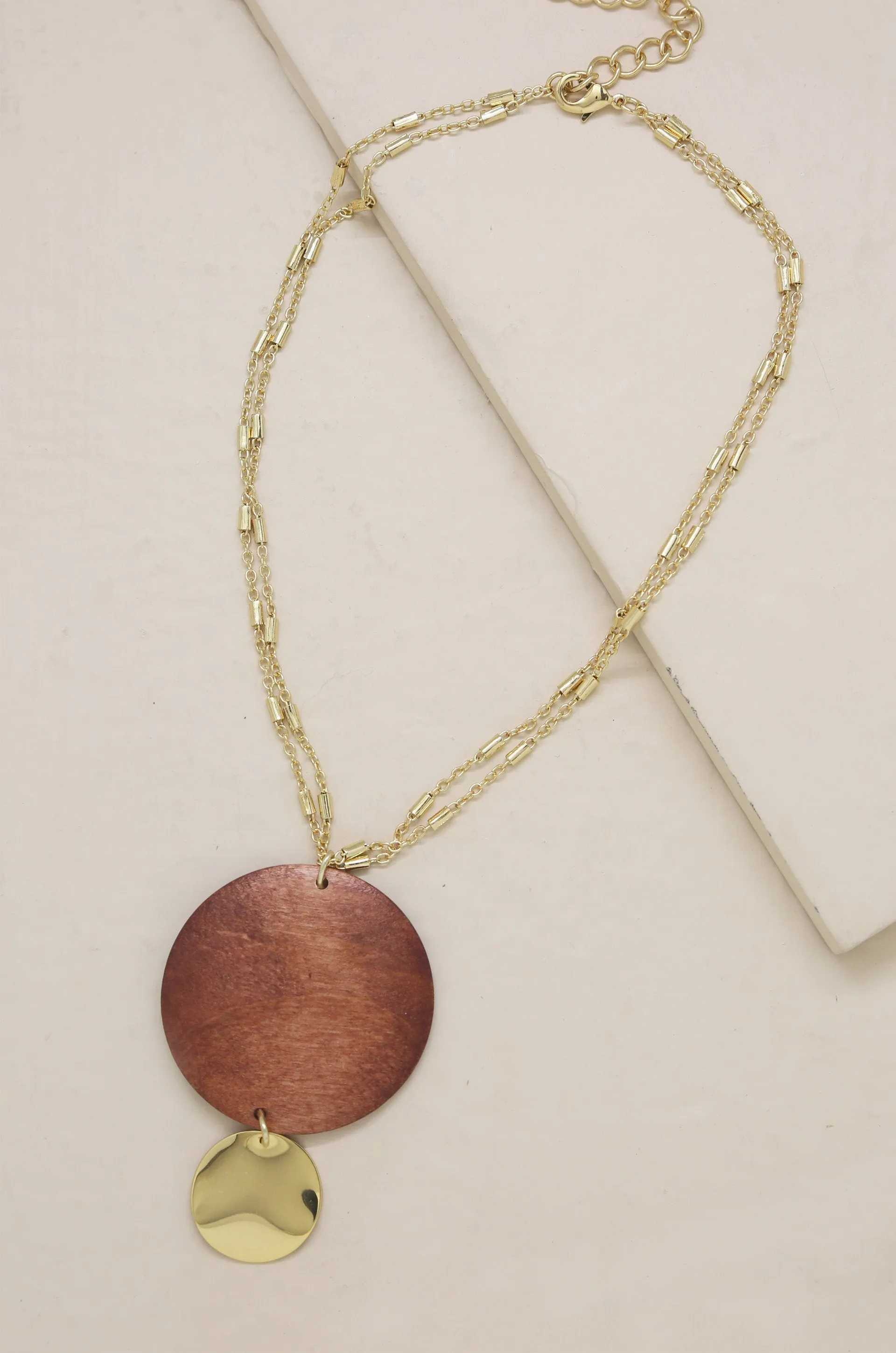 Bohemian Statement Wood Pendant Necklace in Gold