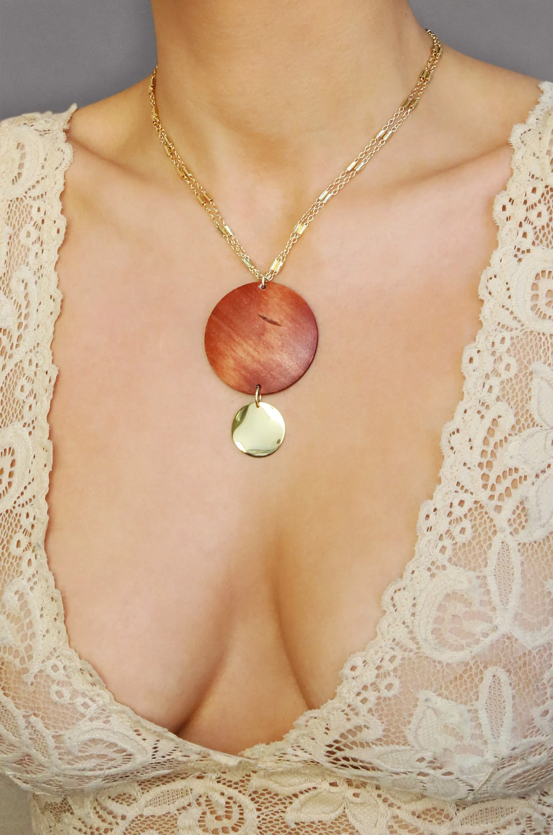 Bohemian Statement Wood Pendant Necklace in Gold