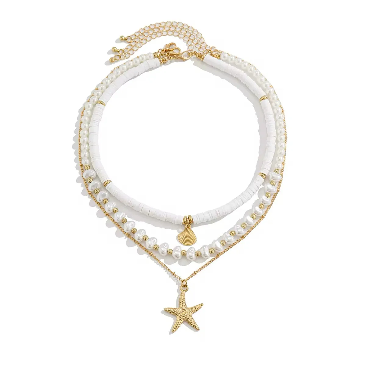 Boho Starfish Conch Pendant 3Pcs/Set - Elegant White Imitation Pearl Chain Necklace