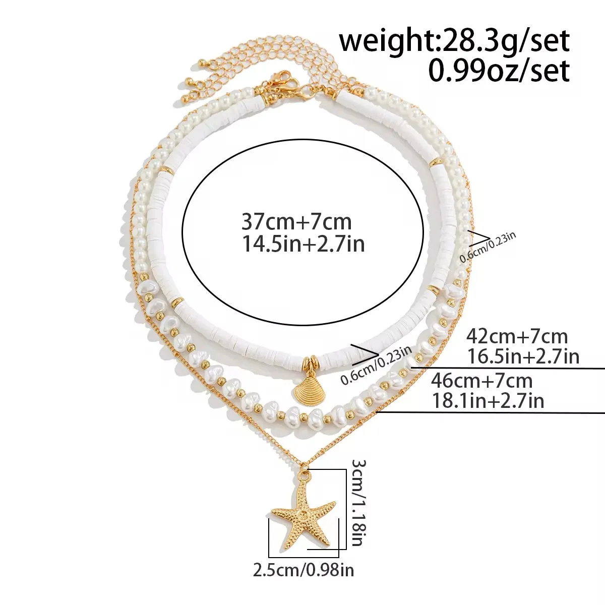 Boho Starfish Conch Pendant 3Pcs/Set - Elegant White Imitation Pearl Chain Necklace