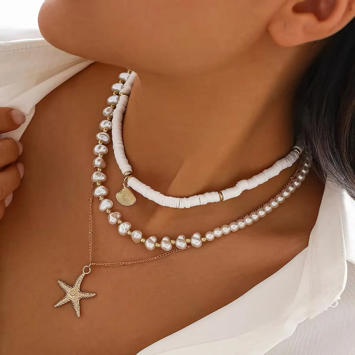Boho Starfish Conch Pendant 3Pcs/Set - Elegant White Imitation Pearl Chain Necklace