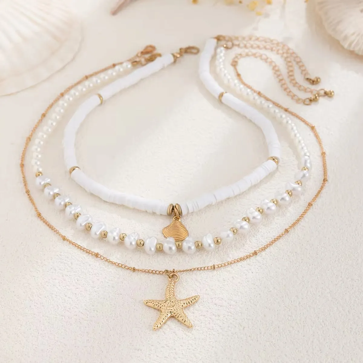 Boho Starfish Conch Pendant 3Pcs/Set - Elegant White Imitation Pearl Chain Necklace