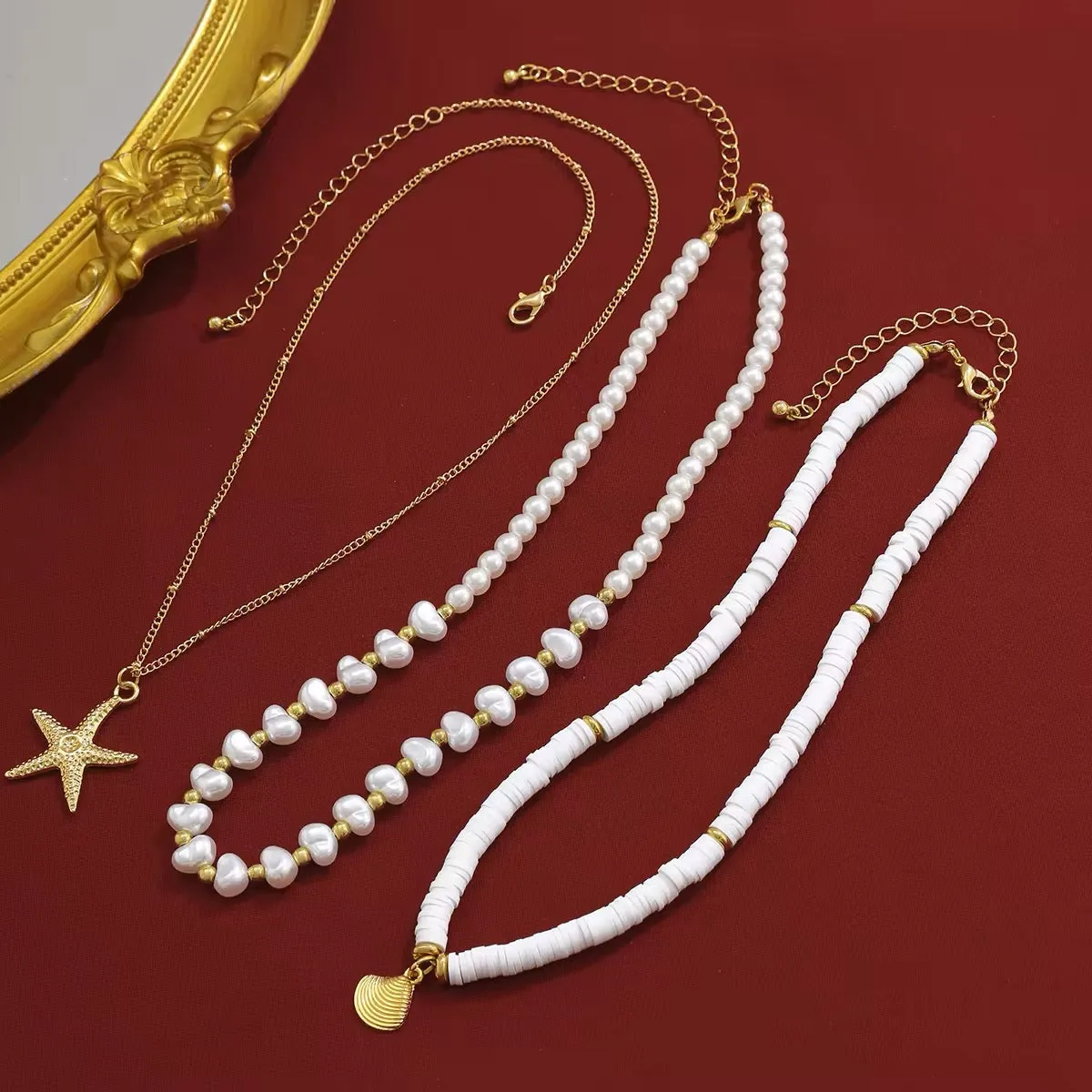 Boho Starfish Conch Pendant 3Pcs/Set - Elegant White Imitation Pearl Chain Necklace