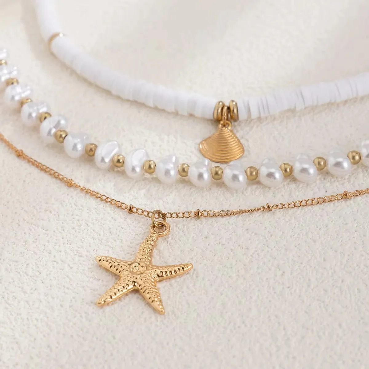 Boho Starfish Conch Pendant 3Pcs/Set - Elegant White Imitation Pearl Chain Necklace