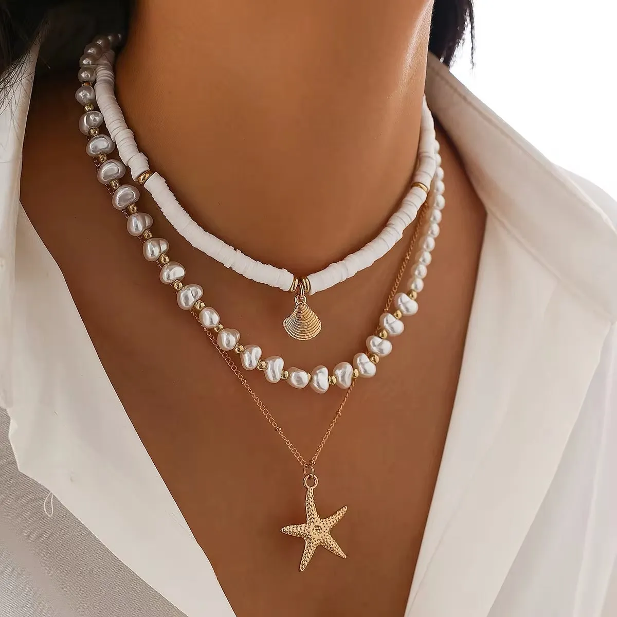 Boho Starfish Conch Pendant 3Pcs/Set - Elegant White Imitation Pearl Chain Necklace