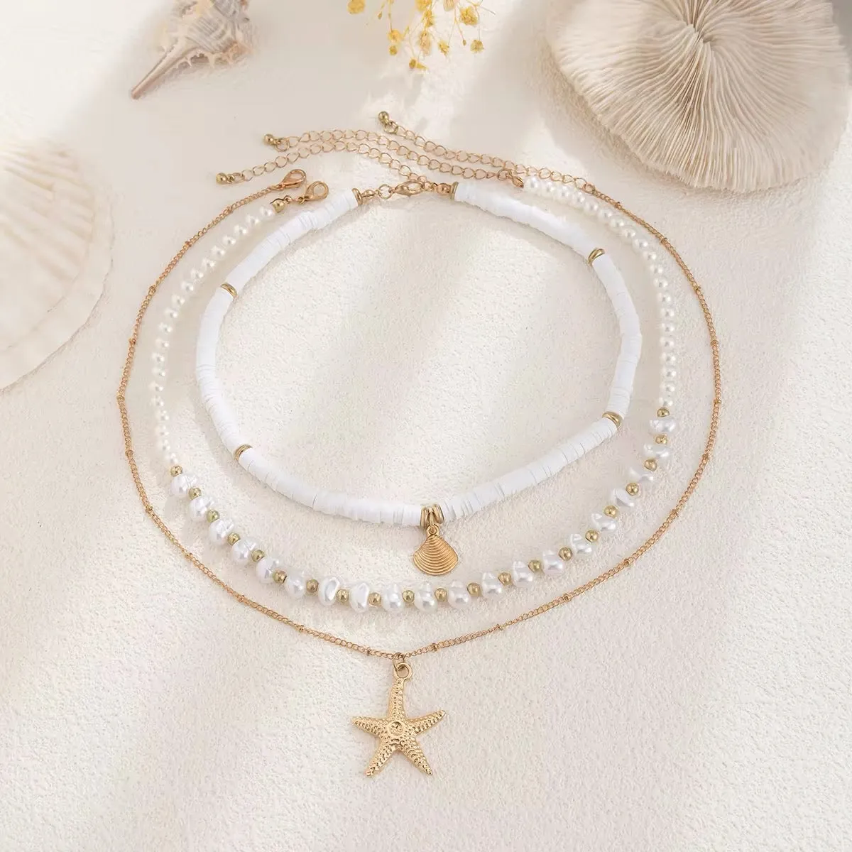 Boho Starfish Conch Pendant 3Pcs/Set - Elegant White Imitation Pearl Chain Necklace