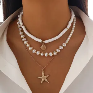 Boho Starfish Conch Pendant 3Pcs/Set - Elegant White Imitation Pearl Chain Necklace