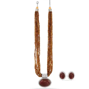 BROWN EARRINGS AND OVAL 1.5"INCHES PENDANT LAYERED  NECKLACES SET #FW-SET07387TQ (I-Line Top)