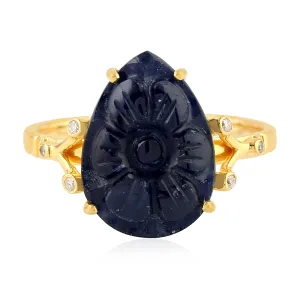 Carving Pear Blue Sapphire Bezel Diamond In Yellow Gold Flower Ring