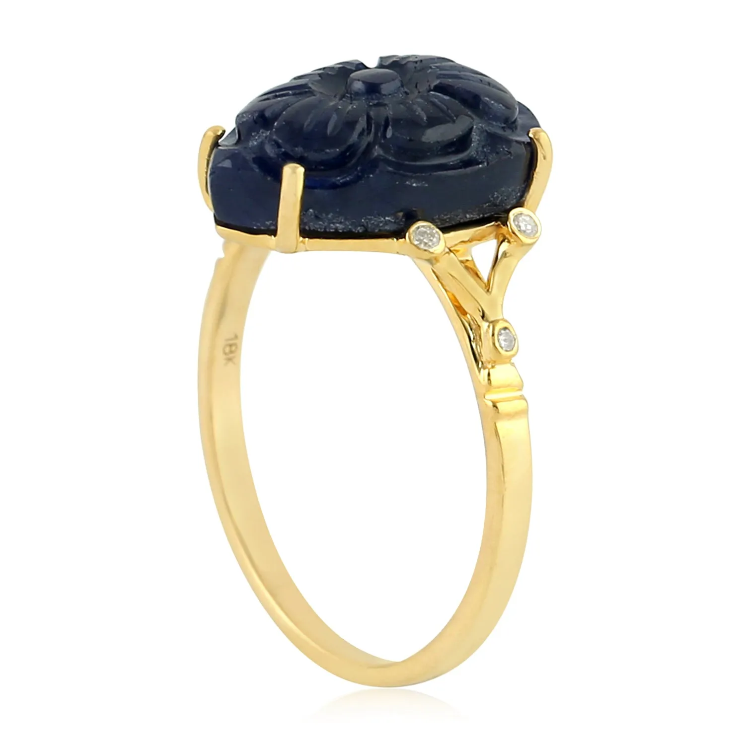 Carving Pear Blue Sapphire Bezel Diamond In Yellow Gold Flower Ring