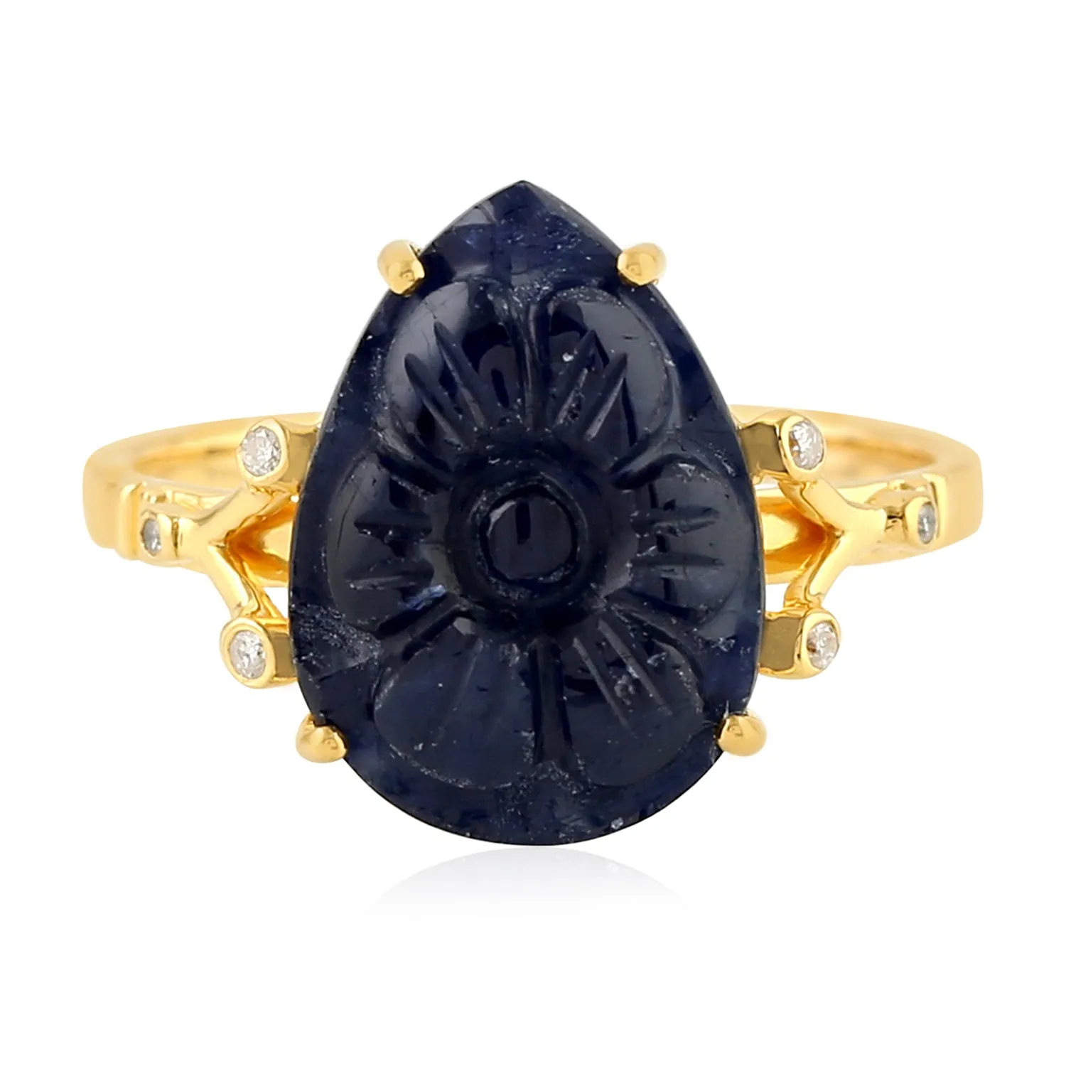 Carving Pear Blue Sapphire Bezel Diamond In Yellow Gold Flower Ring