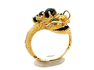 Chinese Dragon Wraparound Ring with Sapphires & Emerald Eyes in 14k Yellow Gold