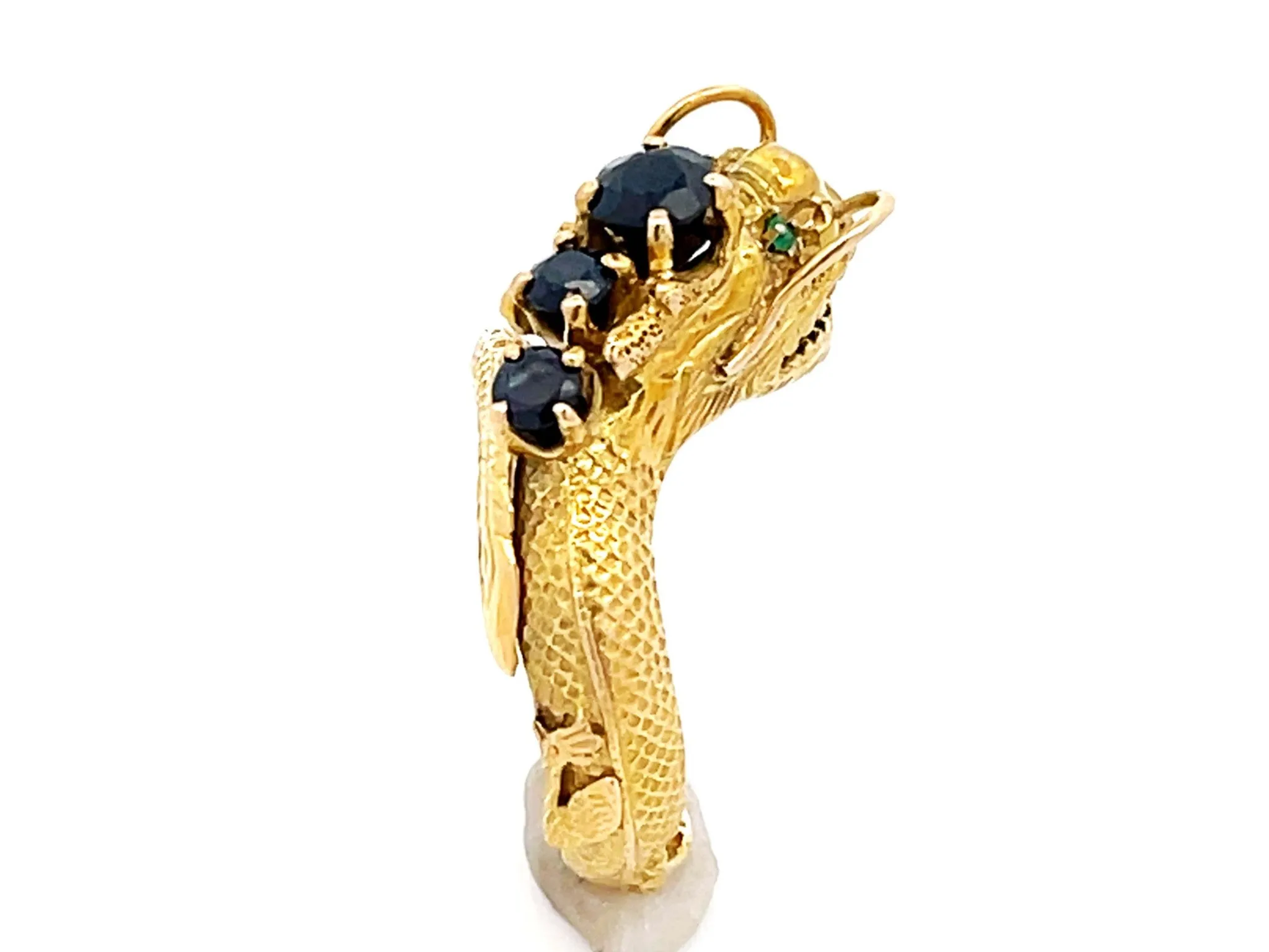 Chinese Dragon Wraparound Ring with Sapphires & Emerald Eyes in 14k Yellow Gold