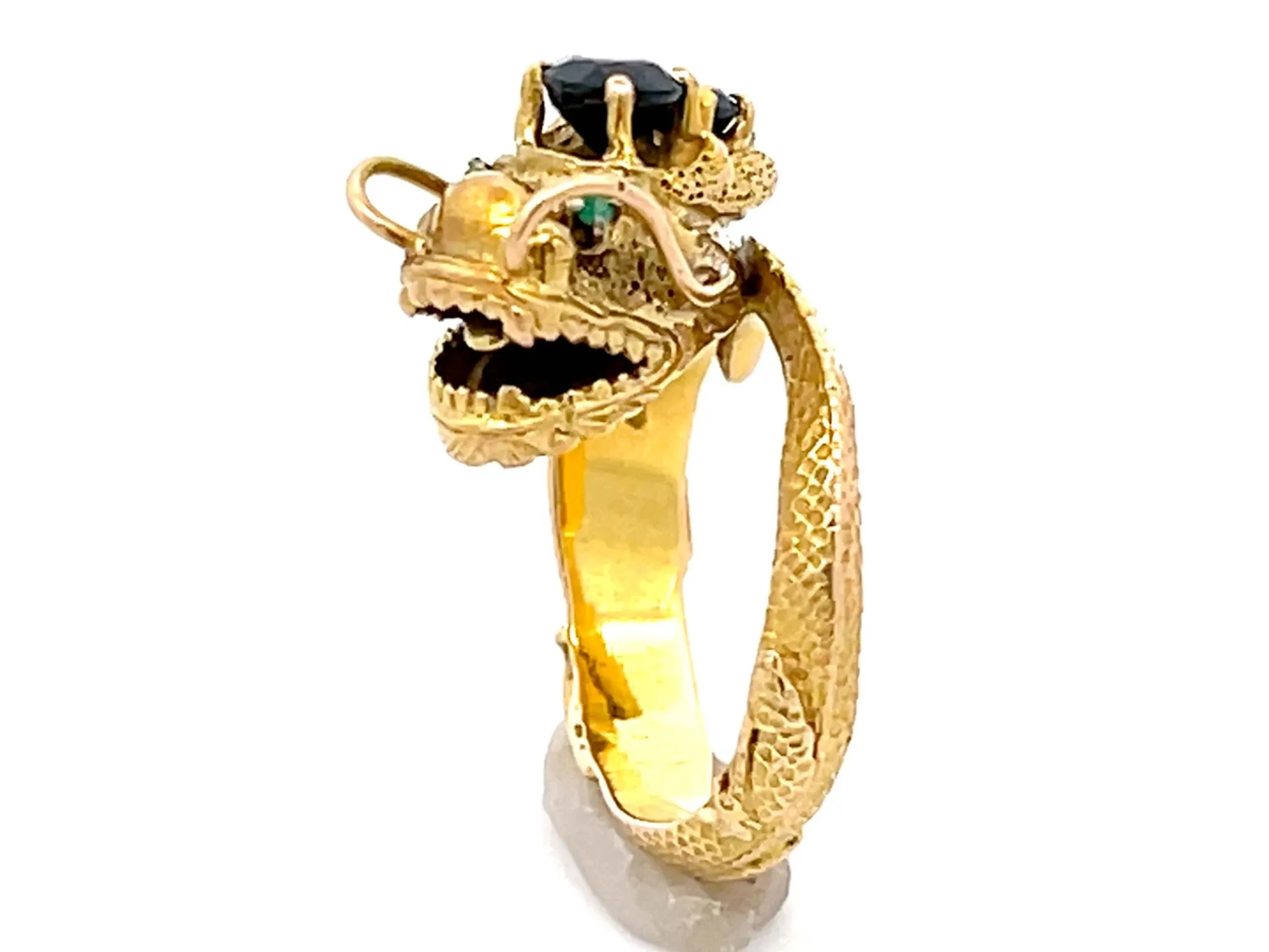 Chinese Dragon Wraparound Ring with Sapphires & Emerald Eyes in 14k Yellow Gold