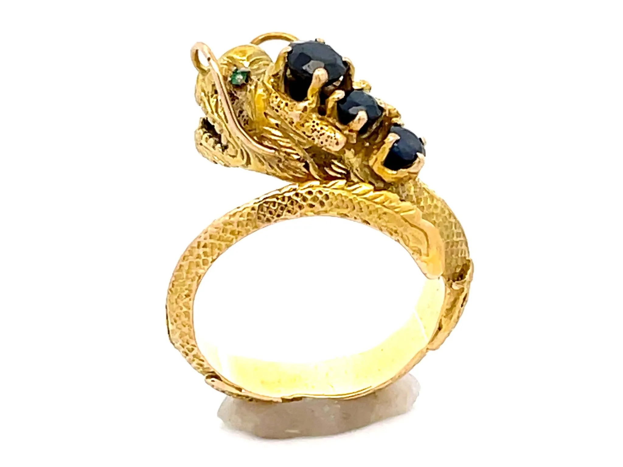 Chinese Dragon Wraparound Ring with Sapphires & Emerald Eyes in 14k Yellow Gold