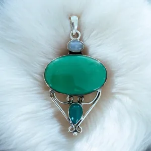 Chrysoprase, Moonstone & Green Onyx Solid 925 Sterling Silver Pendant