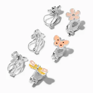 Claire's Dragonfly, Butterfly, & Flower Clip-On Earrings | 3 Pack | Silver